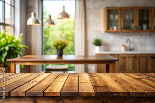 wooden table on blurred room window background