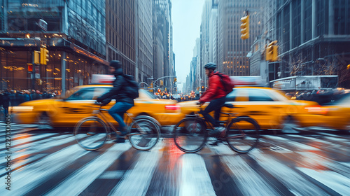 Cyclists navigating a bustling city street among yellow taxis, motion blur effect capturing urban energy and speed, rainy day atmosphere photo