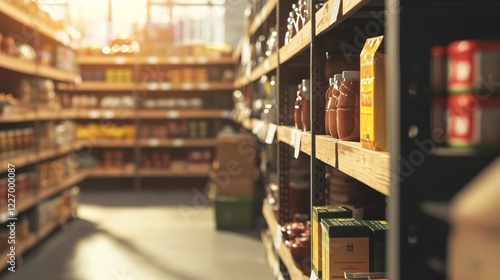 Grocery store aisle with stocked shelves and soft lighting photo