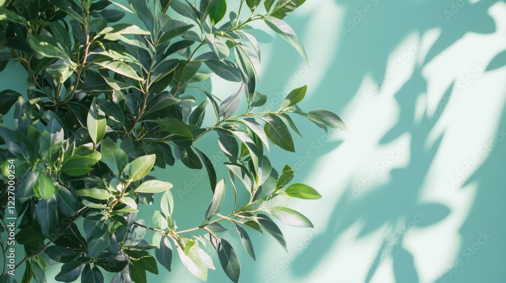 Fototapeta premium Natural green leaves illuminated by sunlight against a pastel background