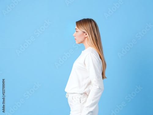 an image of a woman in a white shirt and pants. photo