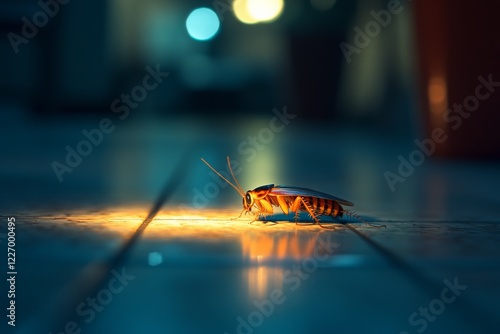 Cockroach exploring a dimly lit indoor space during nighttime hours photo