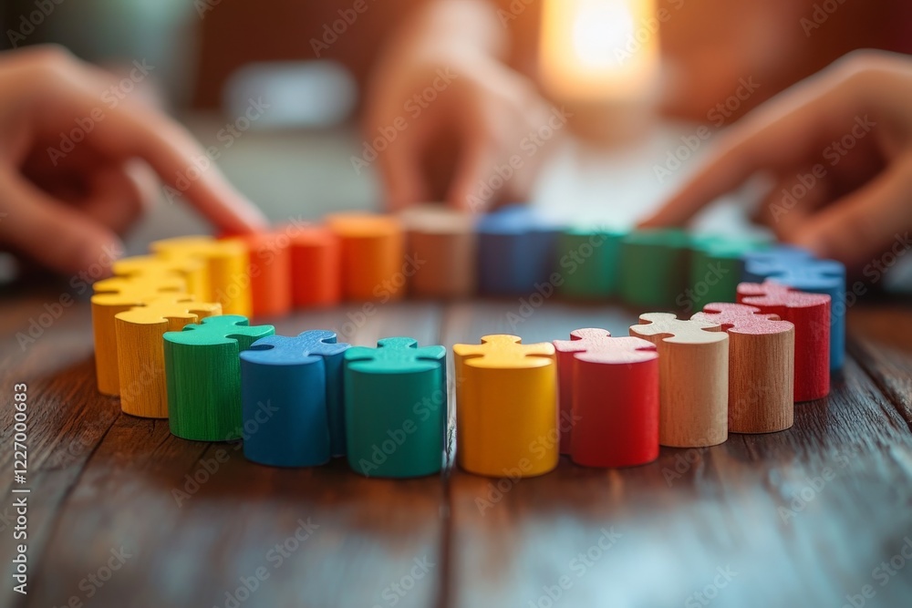 Engaging puzzle activity around a wooden table with colorful pieces in a warm, cozy atmosphere Engaging puzzle activity around a wooden table with colorful pieces in a warm, cozy atmosphere