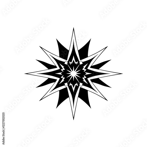 Geometric Star: Black and White Abstract Mandala Design. Perfect for digital art, graphic design projects, and creative backgrounds.