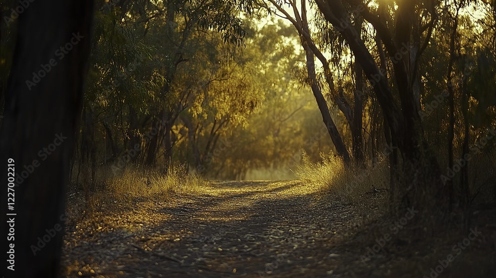Obraz premium Golden sunlight illuminates a tranquil forest path, evoking peace and natural harmony.