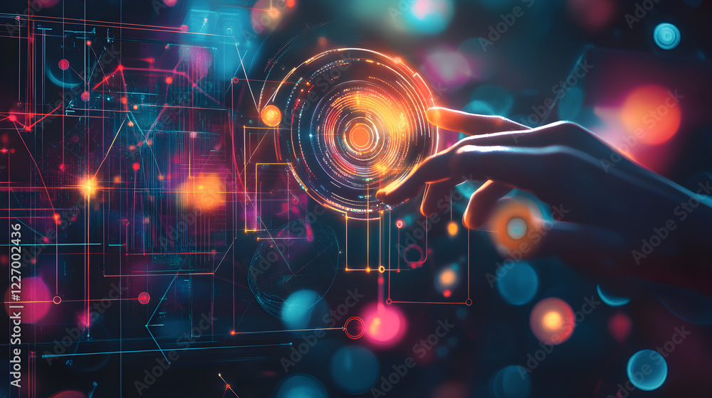 Obraz premium technology-themed abstract scene with glowing holographic data rings, futuristic geometric structures, and high-tech interfaces, creating an innovative and advanced design 