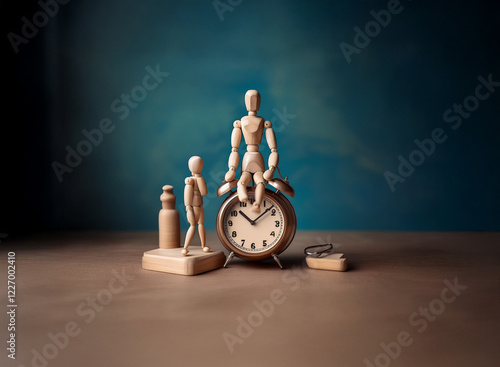 Wooden figurines, one large and one small, stand near a vintage alarm clock against a dark teal backdrop. The scene evokes a sense of time and growth. photo