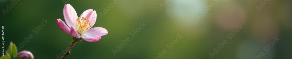 Single flower on a single stem with delicate petals, delicate almond blossom, foliage, single bloom Single flower on a single stem with delicate petals, delicate almond blossom, foliage, single bloom