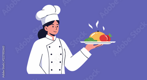 Illustration of a female chef holding a steaming plate, showcasing her culinary skills in a minimalist style.