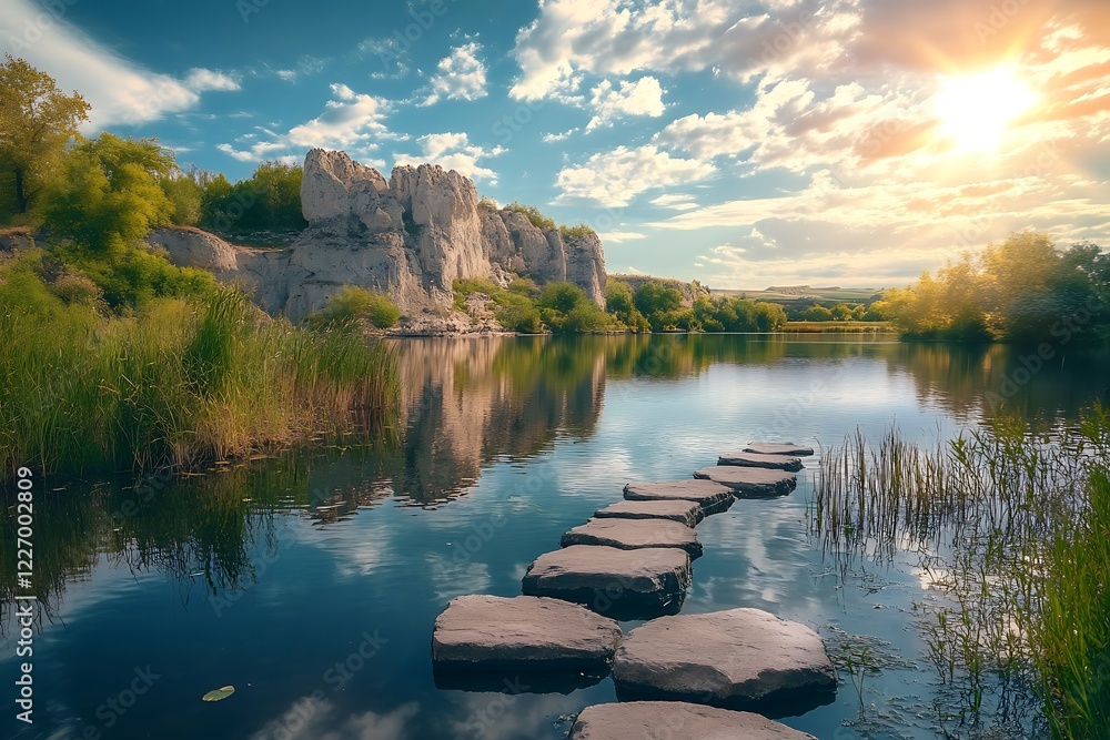 Naklejka premium a lake with smooth stone path
