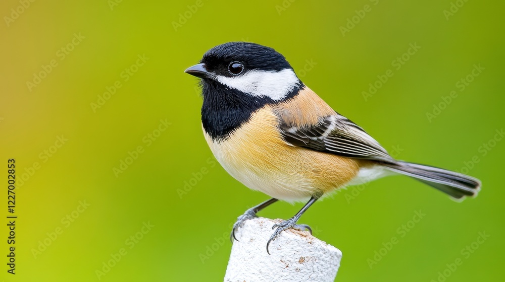 Fototapeta premium Colorful Bird Perched on a Branch Against a Soft Green Background
