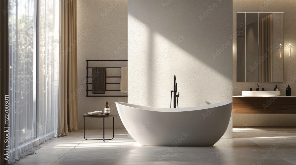 Minimalist white freestanding bathtub in a luxurious interior with natural light