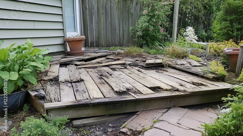 Backyard deck with rotted wood, mid-replacement for safety. picture