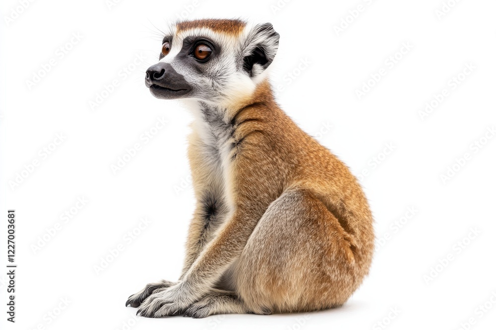 Obraz premium Adorable baby lemur sits against white background.