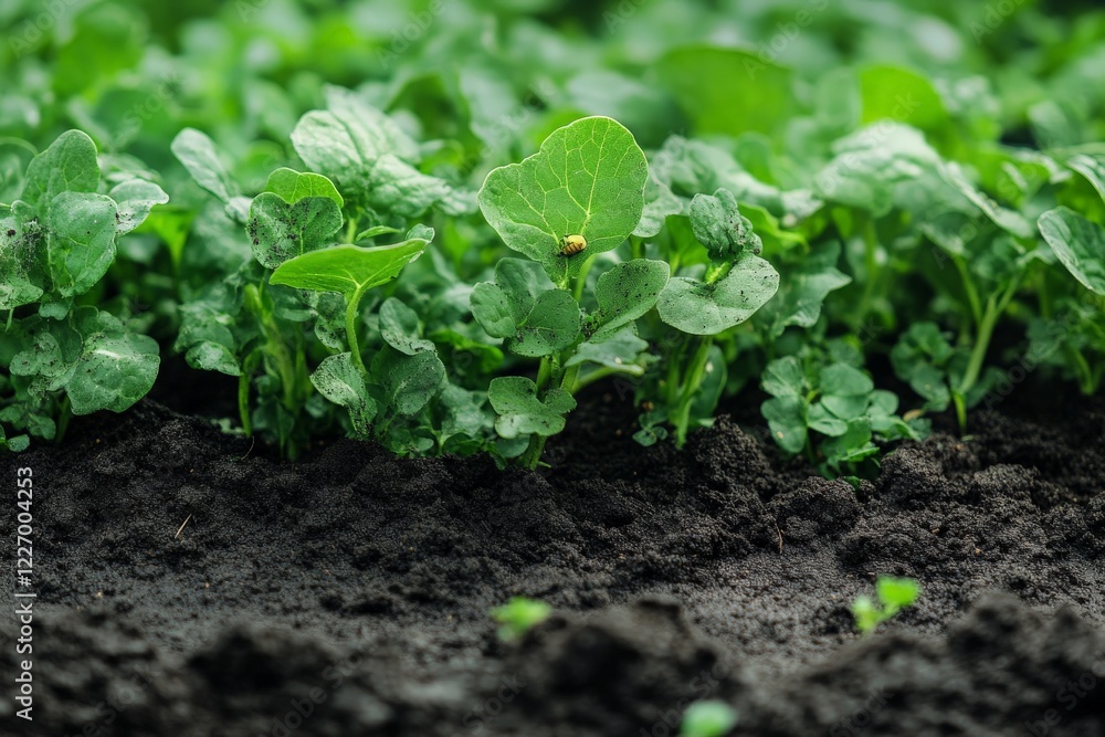 Fresh green seedlings thrive in rich soil of a garden during springtime growth Fresh green seedlings thrive in rich soil of a garden during springtime growth