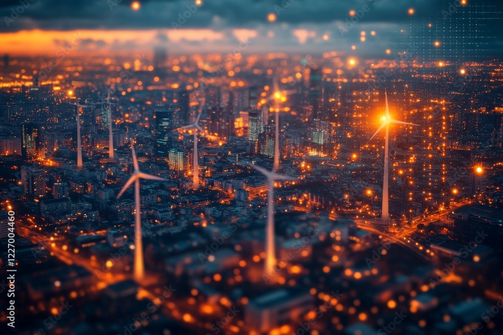 Fototapeta premium Vibrant cityscape at dusk highlighting wind turbines and city lights under a colorful sky