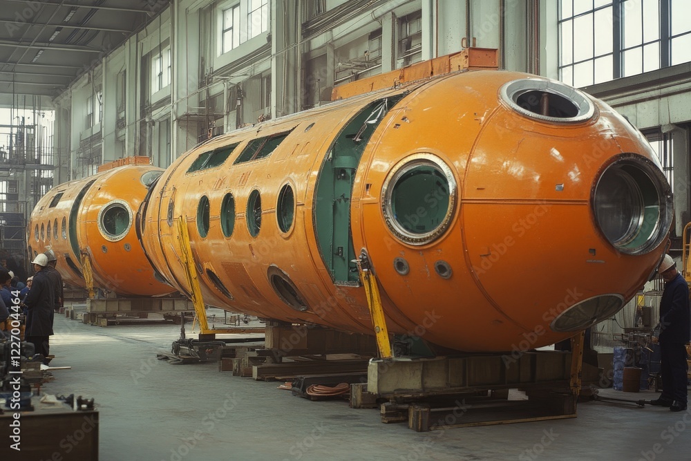 Obraz premium Unique orange submersibles being constructed in a large industrial facility during daylight hours