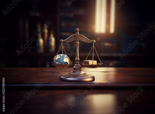 A brass scale sits on a dark wooden surface, balancing a globe against a cube.  The background is blurred, suggesting a dimly lit bar.  The image evokes themes of global balance and weighty decisions. photo