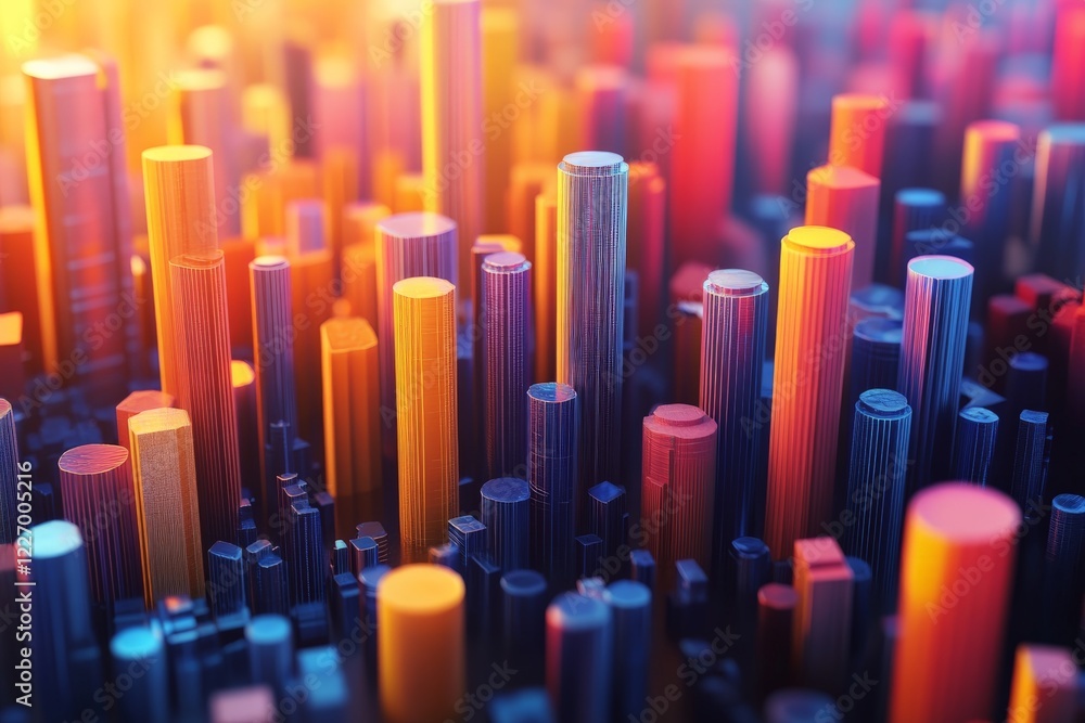 Colorful abstract cityscape with vertical structures in vibrant lighting displaying depth and complexity at dusk Colorful abstract cityscape with vertical structures in vibrant lighting displaying depth and complexity at dusk