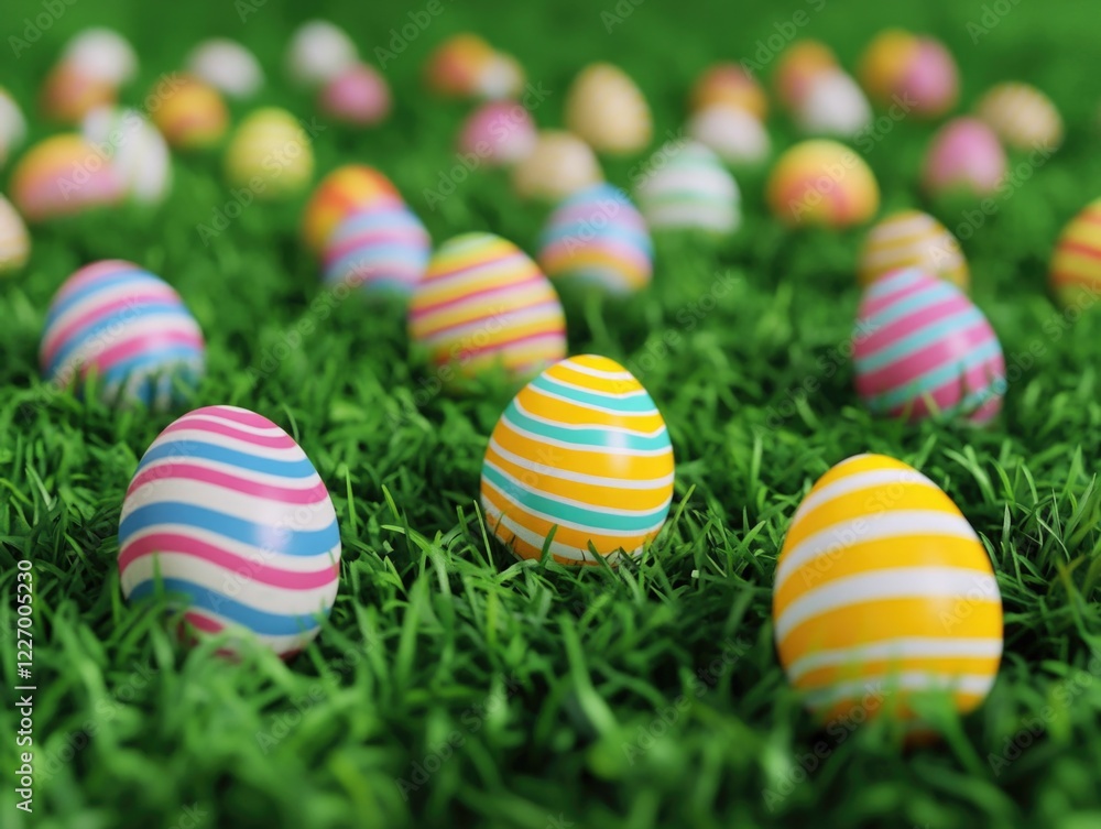 A bunch of colorful Easter eggs are scattered across a green field. The eggs are of various sizes and colors, creating a vibrant and cheerful scene. The grass in the field is lush and green A bunch of colorful Easter eggs are scattered across a green field. The eggs are of various sizes and colors, creating a vibrant and cheerful scene. The grass in the field is lush and green