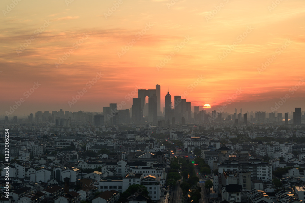 Fototapeta premium sunset over the city in suzhou china