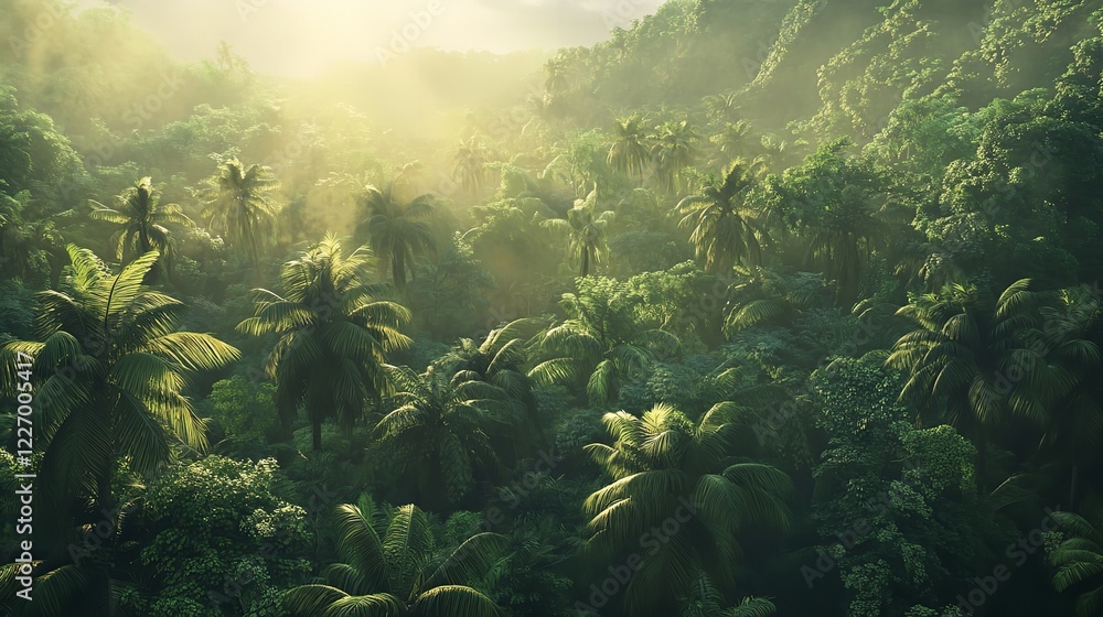 Obraz premium Aerial View Flying Closely Over a Diverse Tropical Forest with Vibrant Flora