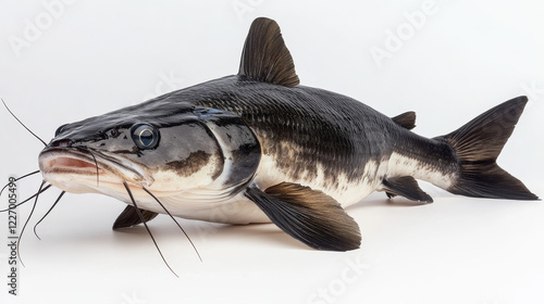 Catfish or sheatfish isolated ray-finished fish monochrome icon. Vecto mekong giant catfish, Candiru toothpick fish with whiskers. Siluridae species, ray-finished catfishes Siluriformes or photo