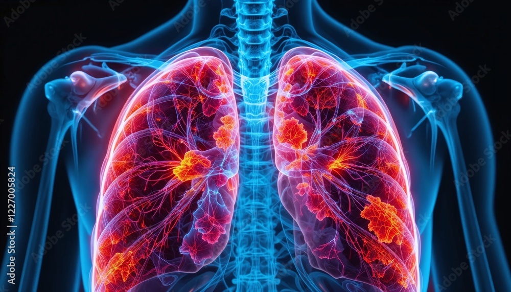 Detailed visualization of lungs affected by tuberculosis, showing inflammation and infection in vivid colors.