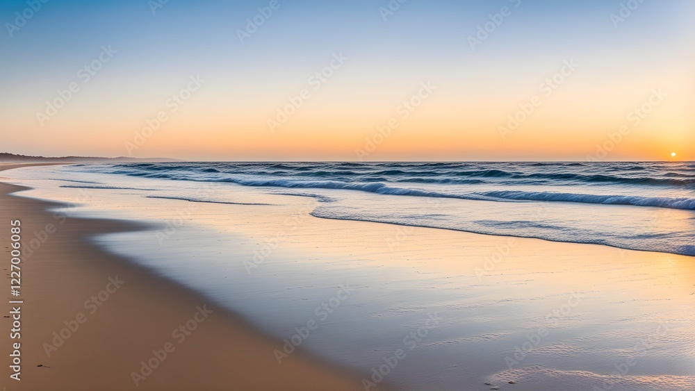 Serene sunrise over a tranquil beach with gentle waves lapping the golden sand. Serene sunrise over a tranquil beach with gentle waves lapping the golden sand.