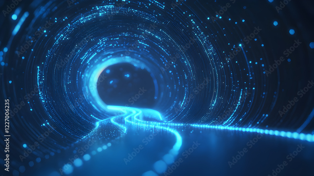 Obraz premium technology background with a 3D-rendered digital tunnel illuminated by glowing blue energy lines, representing cybersecurity, cloud technology, and digital networks 