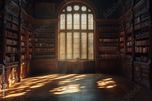 Light streaming through a grand window in an old library filled with books and wooden shelves during the afternoon photo