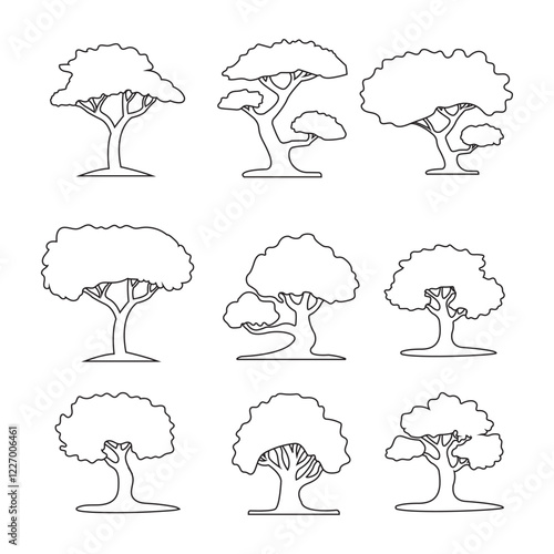 Tree Line Art Set - Nature, Forest, Landscape, Outline, Vector Graphics