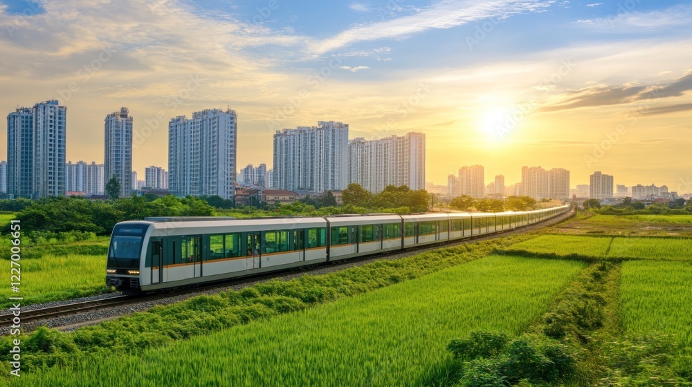 Obraz premium Sunset Train Ride: Modern Cityscape and Lush Green Fields