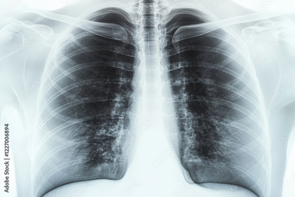 Chest X-ray revealing respiratory health with clear view of lungs and ribs taken in a medical setting during daylight hours Chest X-ray revealing respiratory health with clear view of lungs and ribs taken in a medical setting during daylight hours