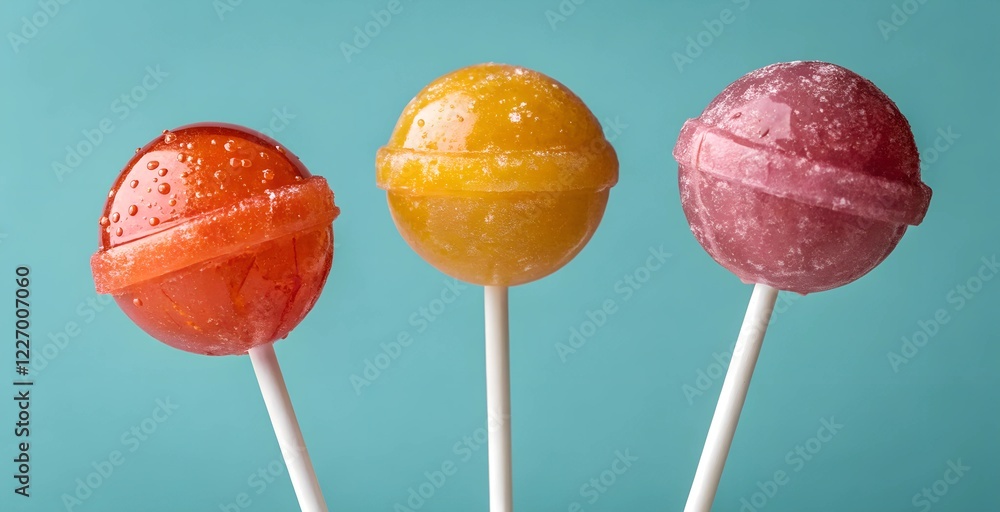 Three glossy lollipops in red, yellow, and orange stand against a turquoise background. Their sugary texture glistens with condensation, showcasing their sweet, colorful appeal in a playful, nostalgic Three glossy lollipops in red, yellow, and orange stand against a turquoise background. Their sugary texture glistens with condensation, showcasing their sweet, colorful appeal in a playful, nostalgic