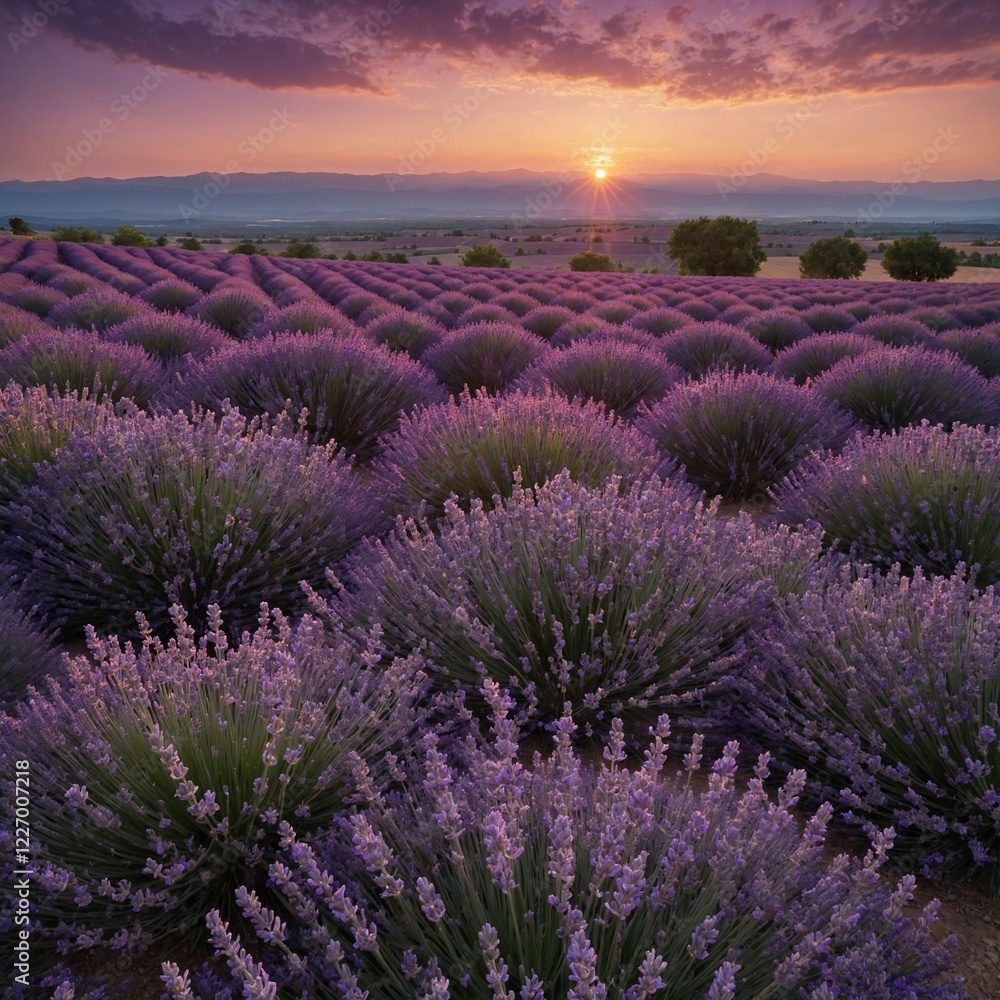 Fototapeta premium A breathtaking view of a lavender field at sunset, with soft purple hues stretching to the horizon.