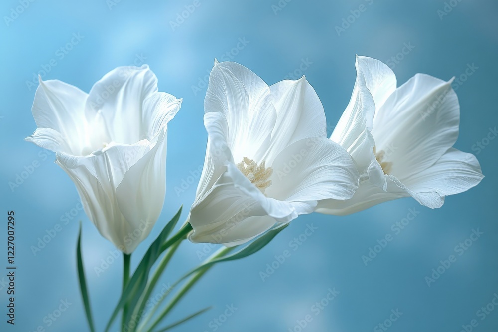 Elegant white flowers illuminated against a soft blue background showcasing delicate petals and graceful structure Elegant white flowers illuminated against a soft blue background showcasing delicate petals and graceful structure