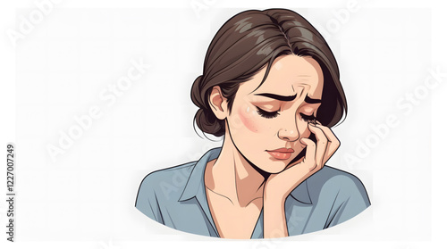 Woman depicted in a cartoon style. The woman has brunette hair styled in a neat updo, with a few loose strands framing the side of her sad face