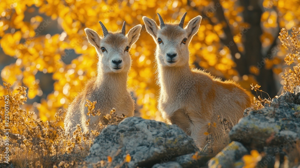Twin goats autumn mountain rocks sunset wildlife Twin goats autumn mountain rocks sunset wildlife