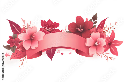 Pink ribbon banner decorated with various pink and red flowers and leaves on white background, perfect for festive occasions