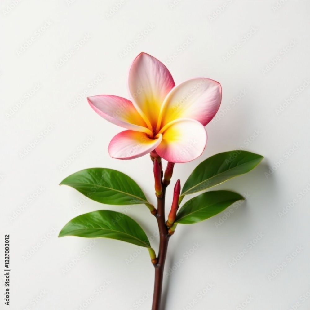 Single frangipani stem with leaves and greenery on white background, stem, botanical Single frangipani stem with leaves and greenery on white background, stem, botanical