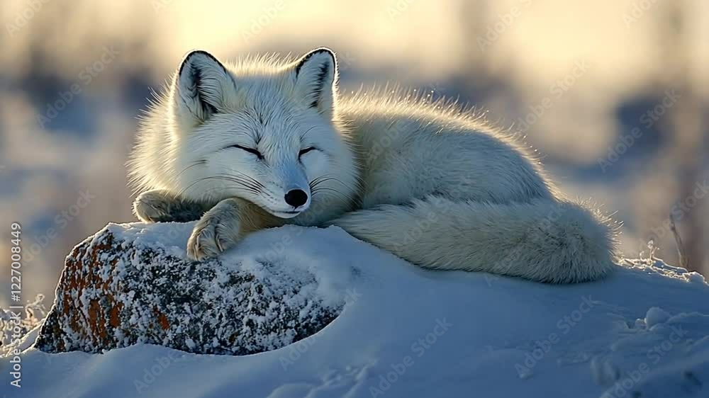 A serene arctic fox resting on a snowy rock in a tranquil winter landscape. A serene arctic fox resting on a snowy rock in a tranquil winter landscape.