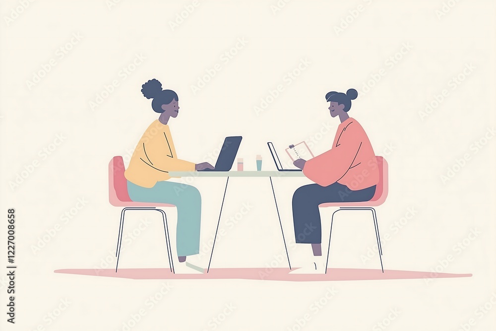 two people talking to each other, sitting at a table with a laptop and clipboards two people talking to each other, sitting at a table with a laptop and clipboards
