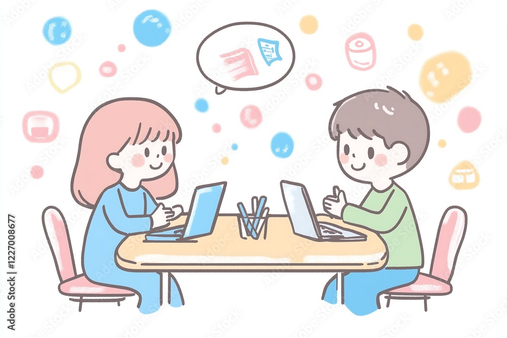 two people talking to each other, sitting at a table with a laptop and clipboards two people talking to each other, sitting at a table with a laptop and clipboards