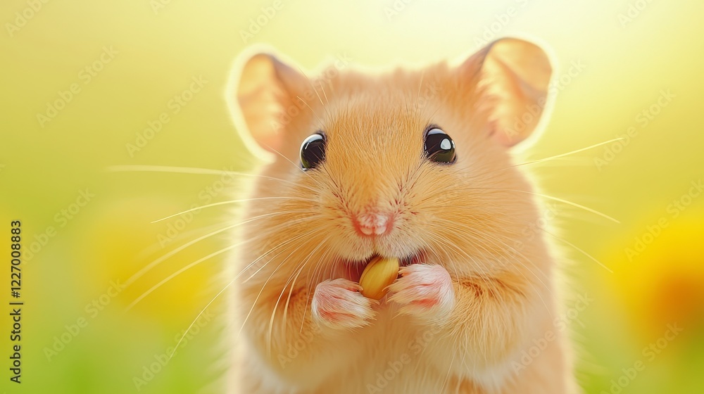 Cute hamster with soft fur holding a small treat in bright background Cute hamster with soft fur holding a small treat in bright background