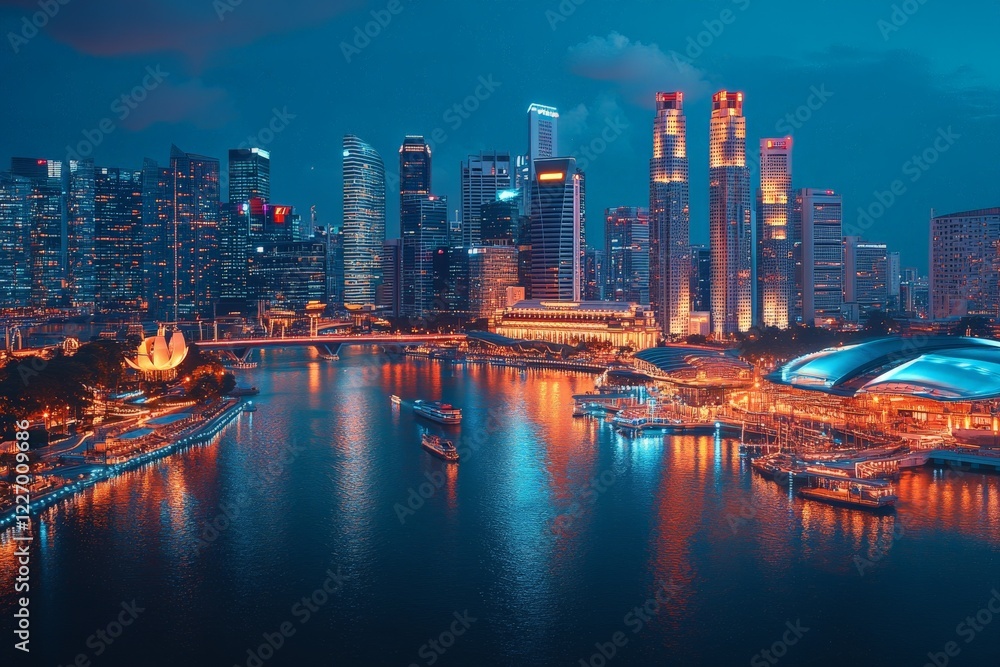 Fototapeta premium City skyline at dusk with illuminated buildings and reflections on the water in Singapore