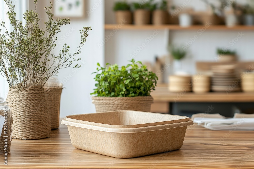 Natural wood bowls and potted herbs on a minimalist kitchen countertop during daytime Natural wood bowls and potted herbs on a minimalist kitchen countertop during daytime