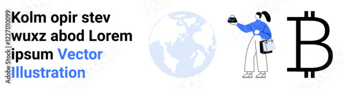 Woman in modern attire holding cryptocurrency. Globe and Bitcoin symbol highlight financial technology. Ideal for blockchain, finance, investment, innovation, digital banking, global trade, flat