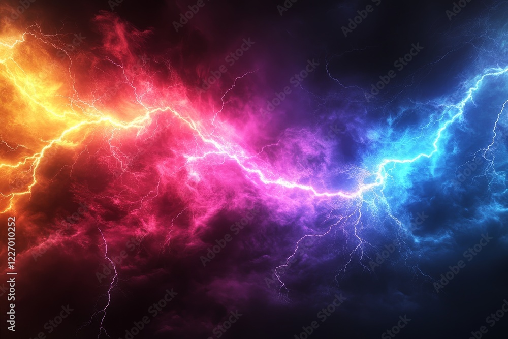 Spectacular display of colorful lightning across a dark sky during a thunderstorm event at night Spectacular display of colorful lightning across a dark sky during a thunderstorm event at night