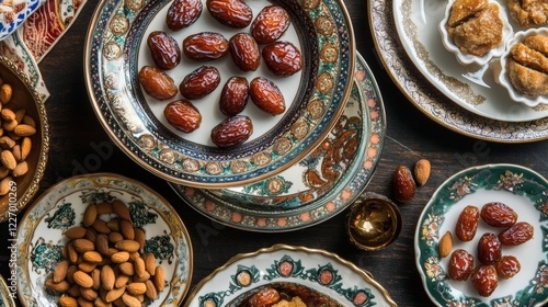 Assorted Dried Fruits and Nuts on Ornate Plates - Ramadan Feast